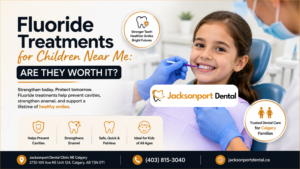 Child receiving fluoride treatment at Jacksonport Dental Clinic NE Calgary for cavity prevention and pediatric dental care.