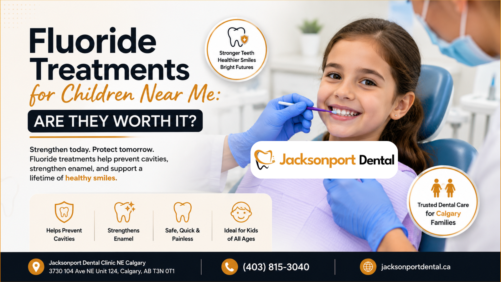 Child receiving fluoride treatment at Jacksonport Dental Clinic NE Calgary for cavity prevention and pediatric dental care.