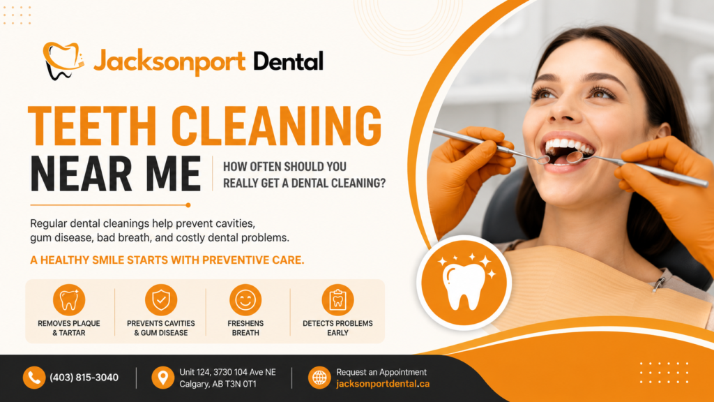Professional dental cleaning banner for Jacksonport Dental Clinic NE Calgary featuring a smiling patient receiving a teeth cleaning treatment, orange and black brand colors, and the headline βTeeth Cleaning Near Me β How Often Should You Really Get a Dental Cleaning?β. The image highlights the benefits of regular dental cleanings, including plaque and tartar removal, cavity and gum disease prevention, fresher breath, and early detection of dental problems. Includes Jacksonport Dental Clinic contact information, Calgary address, and appointment booking details.