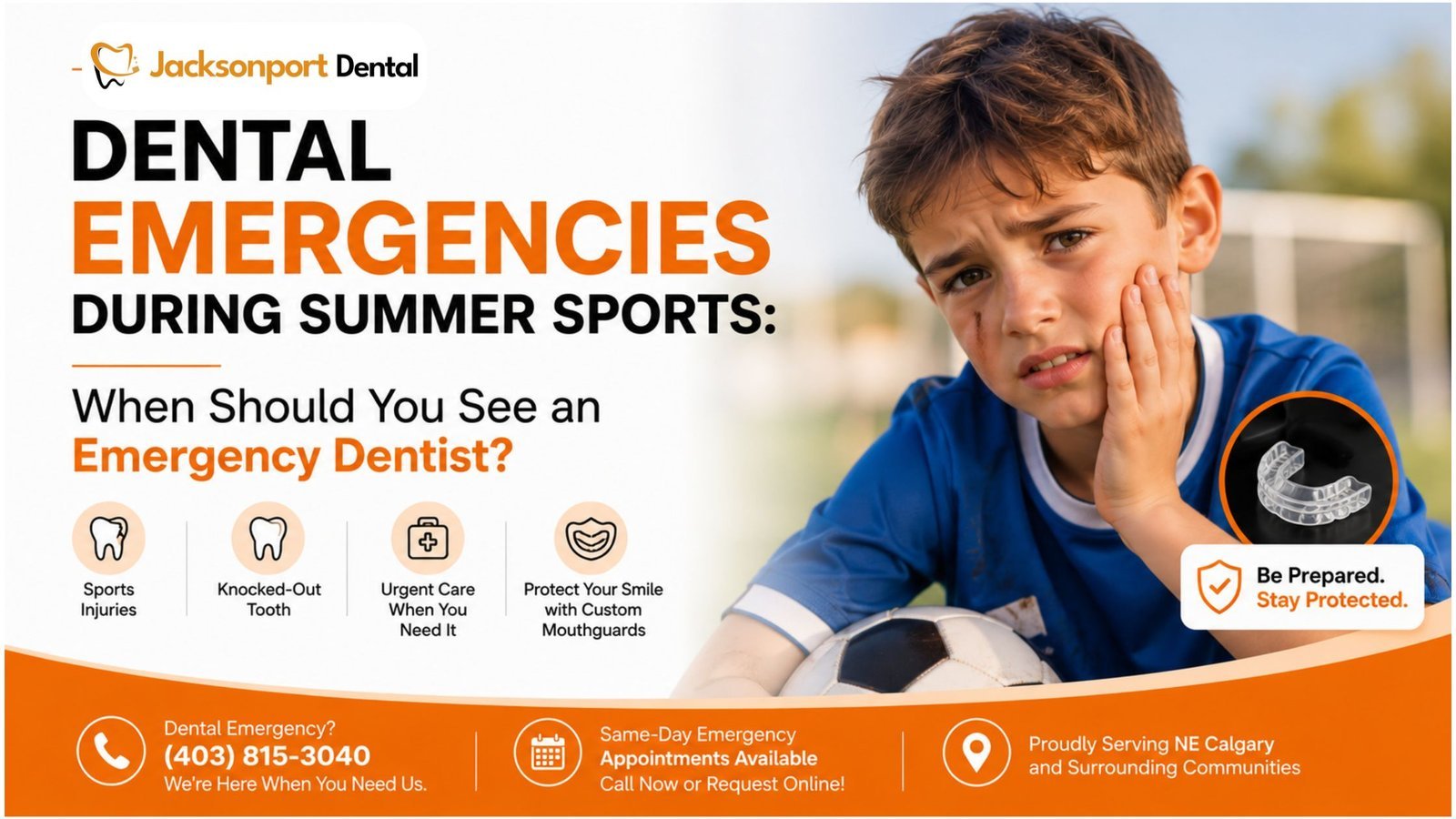 Emergency dentist in NE Calgary helping patients with summer sports dental injuries including knocked-out teeth, chipped teeth, and dental emergencies.
