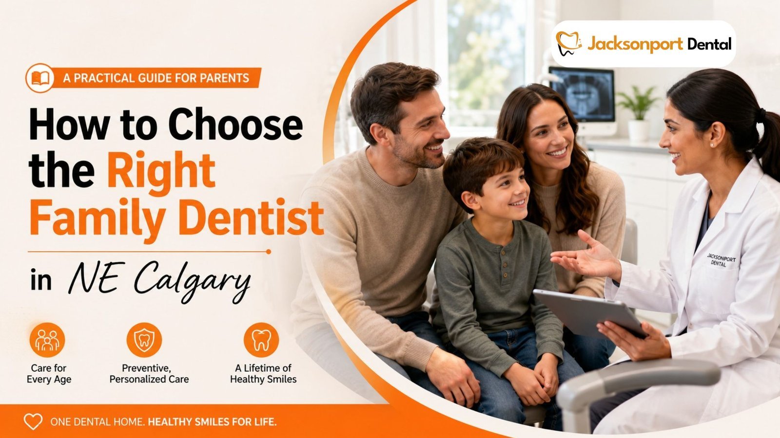 Family dentist in NE Calgary consulting with parents and child at Jacksonport Dental Clinic about choosing the right family dental care.