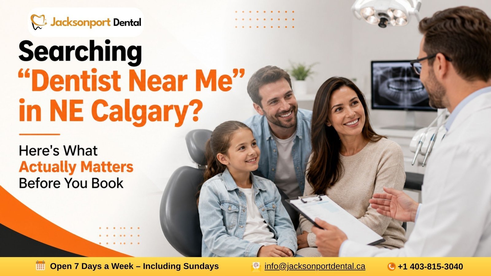 Family consulting with a trusted dentist at Jacksonport Dental in NE Calgary, highlighting what to look for when choosing a family dental clinic.