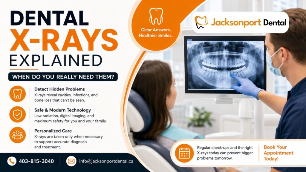 Dentist explaining a dental X-ray to a patient during an examination in Calgary