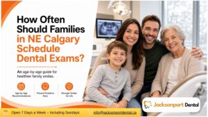 Family dental exam in NE Calgary showing parents, child, and senior during a routine comprehensive dental checkup at a Calgary dental clinic.