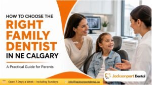Parent and child meeting with a family dentist in a modern NE Calgary dental clinic during a comprehensive dental consultation.